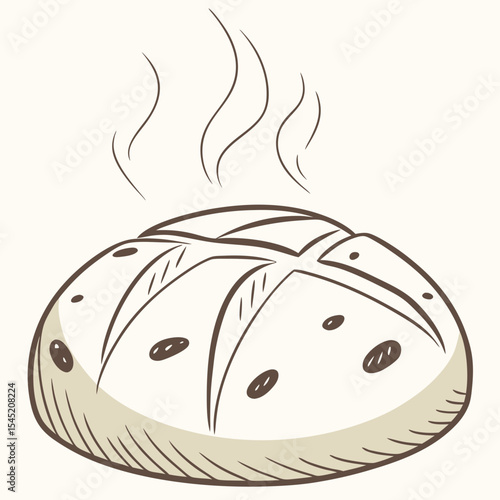 Steaming Beige Sourdough Boule Bread Illustration with Brown Line Art Detail vector