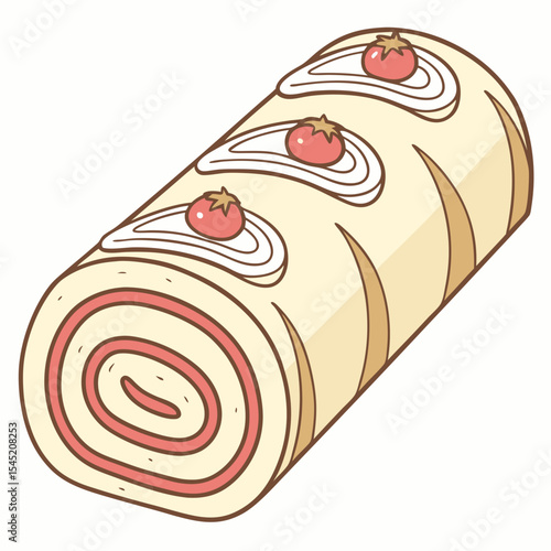 Creamy Beige Swiss Roll Cake with Pink Filling and Red Berry Garnish Isolated on White Background