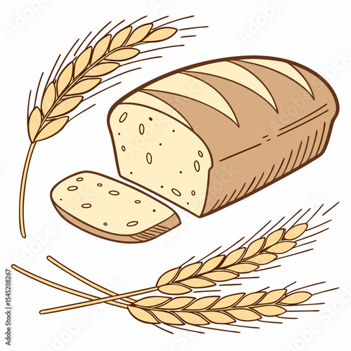 Whole Wheat Bread Loaf with Sliced Piece and Wheat Stalks Illustration Beige Brown and Yellow Tones