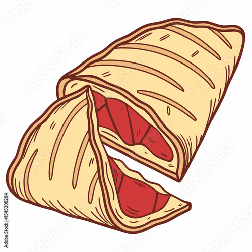 Hand Drawn Illustration of a Partially Cut Apple Turnover Pastry with Red Filling Beige Crust and