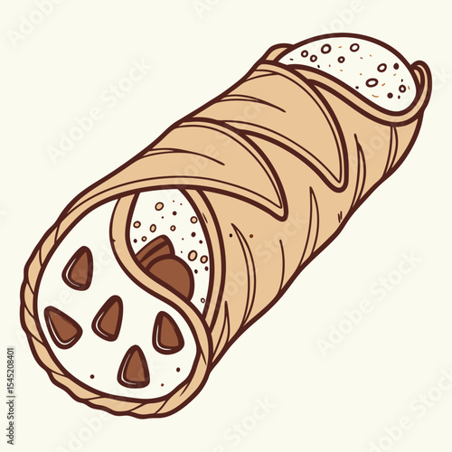Isolated Vector Illustration of a Beige Cannoli with Brown Chocolate Chips and Creamy Filling