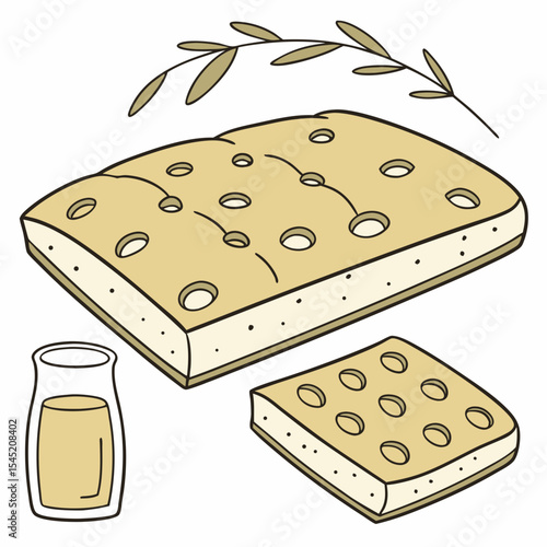 Golden Brown Focaccia Bread Slab Isolated Illustration with Olive Branch and Oil Small Bottle