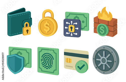 Secure money icons set – 3d, finance and security themed symbols for digital use