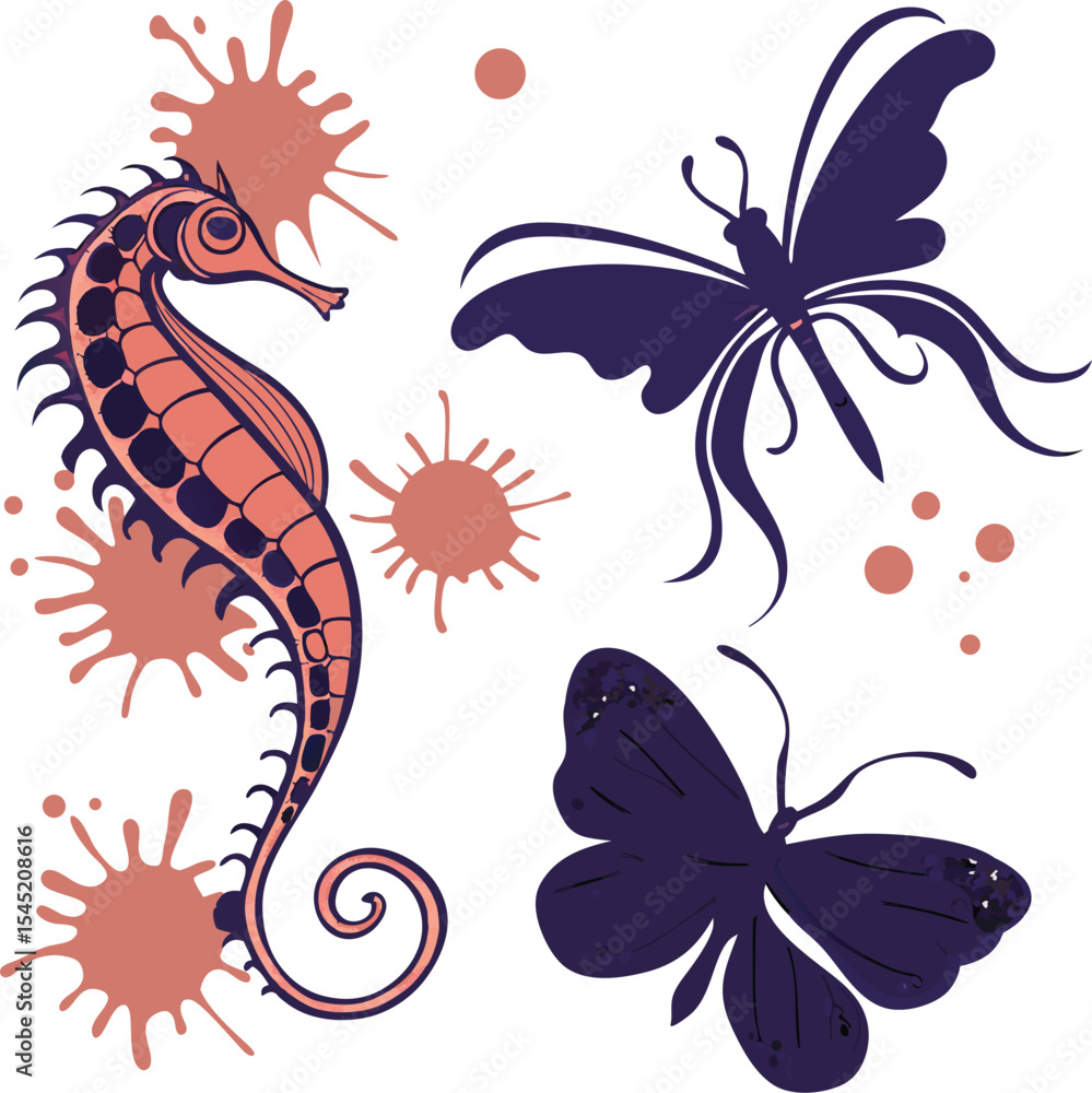 Obraz premium Artistic illustration of a seahorse and two butterflies with paint splatters in coral and navy colors