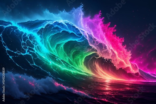Vibrant neon ocean wave crashing at night