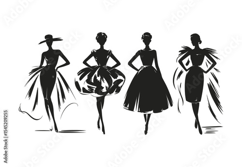 Four fashionable women in elegant dresses and hats