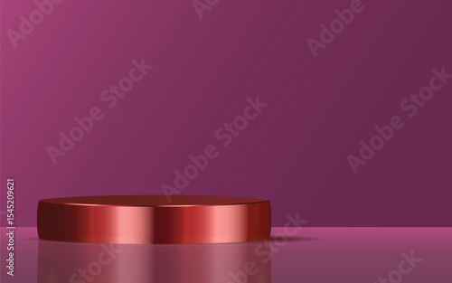 A sophisticated studio setting with a dark pink background and a gleaming, metallic red cylindrical podium, ideal for premium product presentations and elegant displays.