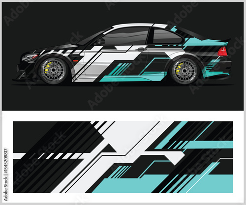 Sporty Car Wrap Design with Geometric Black White and Cyan Graphics