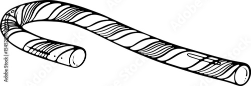 Striped candy cane in horizontal position. Black and white drawing of a classic Christmas treat. Vector illustration in hand drawn doodle sketch style. Line art isolated on white for coloring book