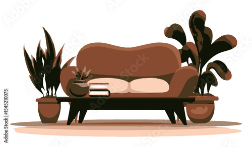 Cozy Cartoon Living Room with Stylish Couch and Indoor Plants