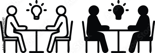 Minimalist Solid Black Meeting Icon – Two Silhouettes at Table with Lightbulb Ideas Vector