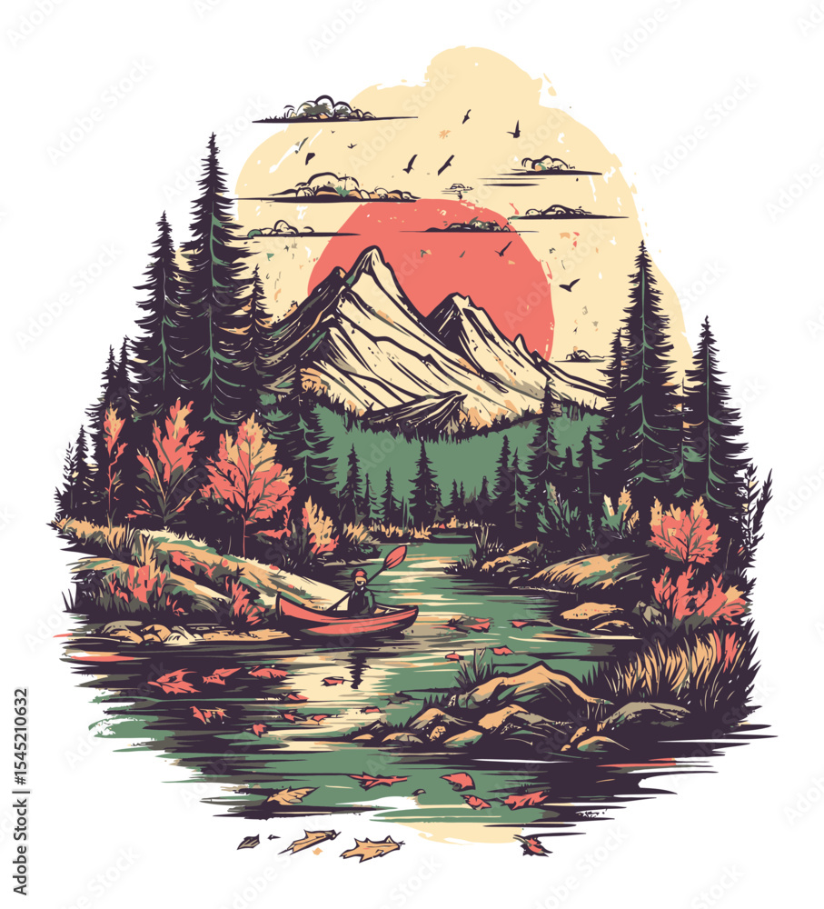 Fototapeta premium Serene Kayaking Adventure in Autumn Landscape with Mountains and River