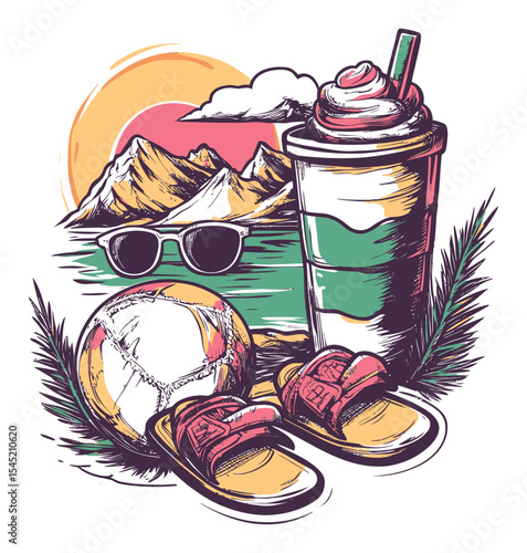Vibrant Summer Illustration with Beach Elements and Scenic Background