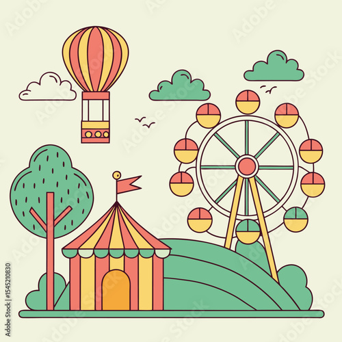 Illustration of a fairground scene with a hot air balloon, ferris wheel, and a circus tent