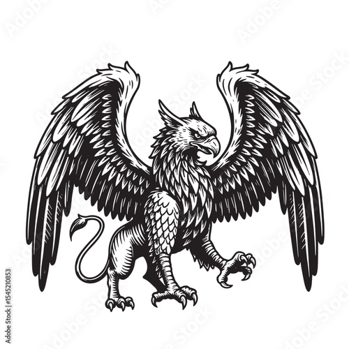 Classic griffin illustration vintage art silhouette in black and white detailed heraldic design emblem symbol