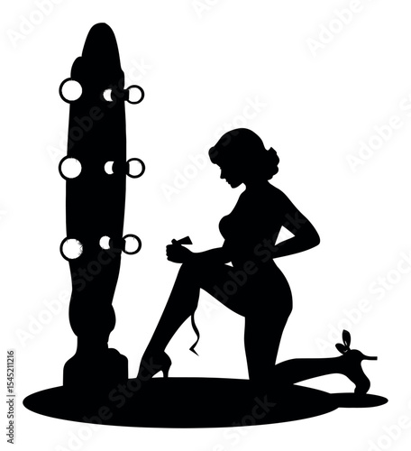 Elegant Silhouette of a Woman Kneeling with High Heels and Curve Reflection