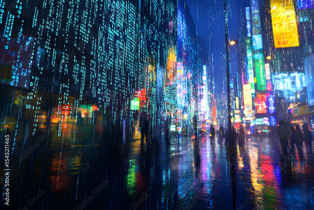 Fototapeta premium Futuristic cityscape at night with neon lights and digital rain in urban street