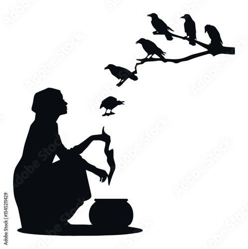 Woman Silhouette with Birds in Scene of Nature and Imagination