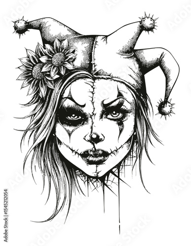 Scary Clown Face Illustration with Sunflower on a Hat in a Hand Drawn Style