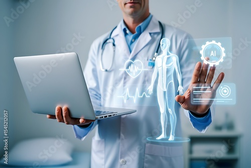 Doctor using AI technology and laptop to analyze a 3D holographic human body model, showcasing medical innovation and digital healthcare.