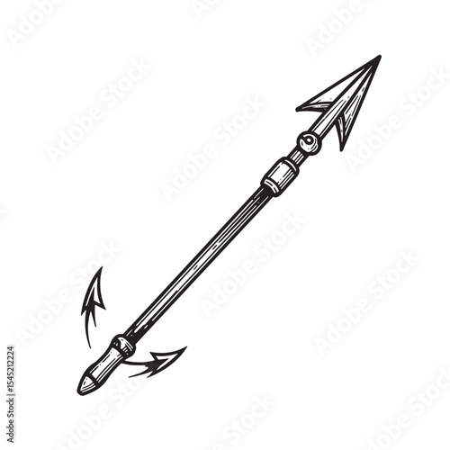 Hand drawn vintage spear with harpoon silhouette illustration in black and white on a clean background