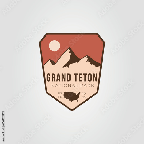 Grand Teton National Park logo with mountains and sun, suitable for outdoor enthusiasts merchandise, travel websites, and adventure brands.