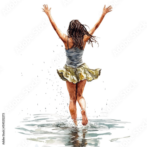 watercolor of Girl Dancing Barefoot Rain, vector, isolated on a white background.