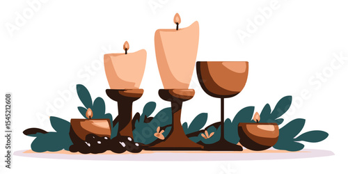 Cozy Cartoon Candle Arrangement with Leaves and Warm Lighting Elements