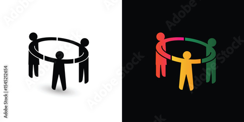 family three people mother farther child holding hands, logo icon symbol. concept of family relationship parenting development unity bonding support wellbeing. vector illustration