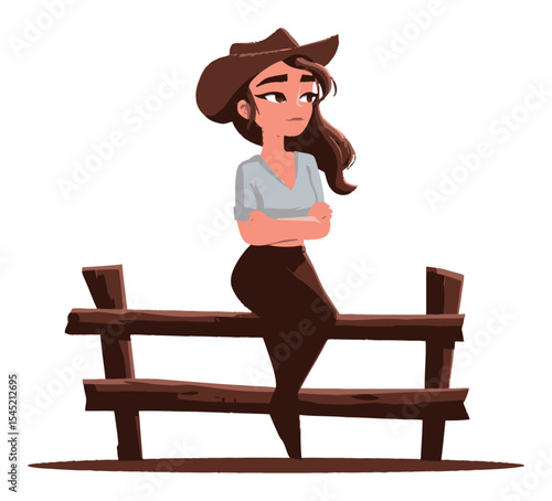 Cartoon Character Woman Sitting on Wooden Fence in Vector Style Art