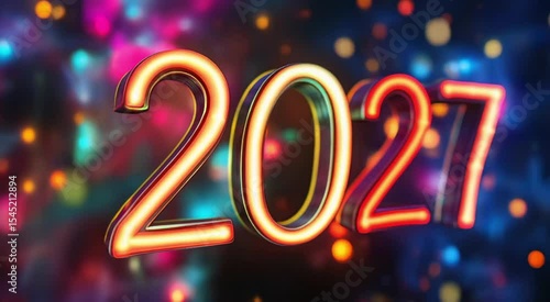 Illuminated neon 2027 year text against bokeh background for new year celebrations