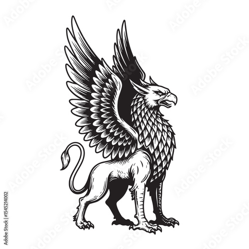 Vintage art silhouette of a majestic mythological griffin in black and white featuring detailed wing feathers and heraldic symbolism