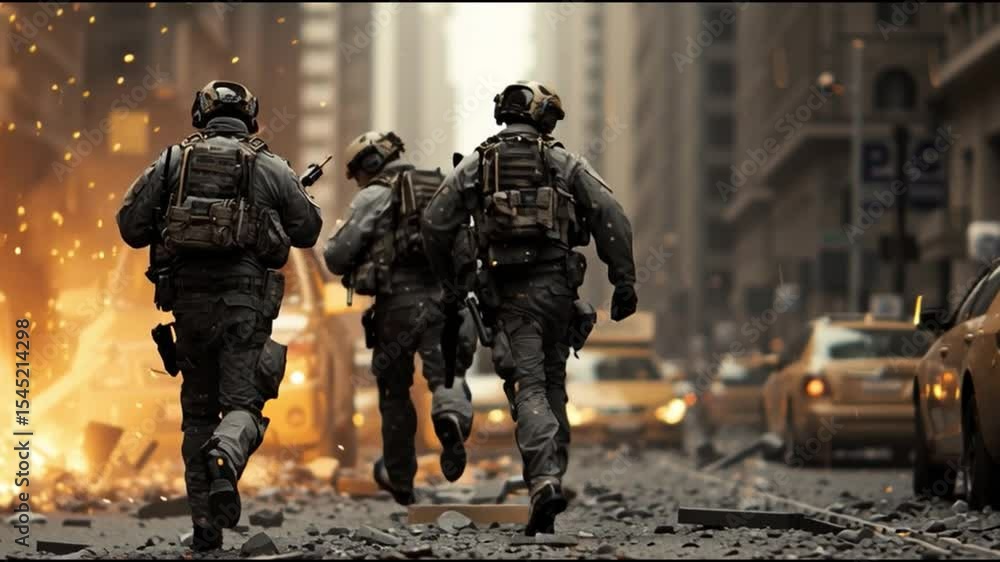 Running Soldiers in City Battlefield: Three soldiers sprint through a war-torn city, showcasing the chaos and destruction amidst urban warfare. Running Soldiers in City Battlefield: Three soldiers sprint through a war-torn city, showcasing the chaos and destruction amidst urban warfare.