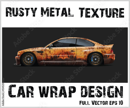 Rust Covered Sports Car with Bronze Rims and Blue Calipers on Dark Background