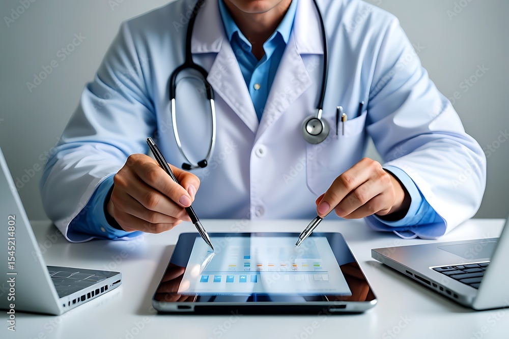 Doctor using stylus on digital tablet reviewing medical charts and data. Surrounded by laptops, showcasing modern healthcare technology and analysis. Doctor using stylus on digital tablet reviewing medical charts and data. Surrounded by laptops, showcasing modern healthcare technology and analysis.