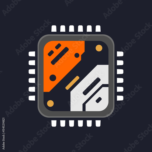 CPU chip logo in abstract black, orange and white tones with bold vector lines, ideal for tech interface icons