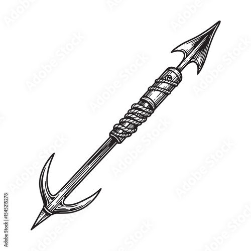 Vintage hand drawn silhouette of a spear weapon for hunting fishing and tribal art