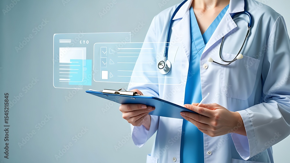 Female Doctor Using Digital Interface on Clipboard; Modern Healthcare Technology and Medical Records Management. Female Doctor Using Digital Interface on Clipboard; Modern Healthcare Technology and Medical Records Management.