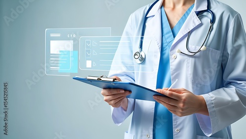 Female Doctor Using Digital Interface on Clipboard; Modern Healthcare Technology and Medical Records Management.