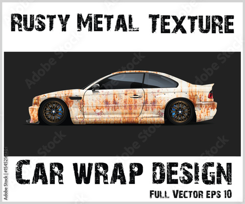 Rusty Metal Texture Car Wrap Design on a Sports Coupe Against Black Background