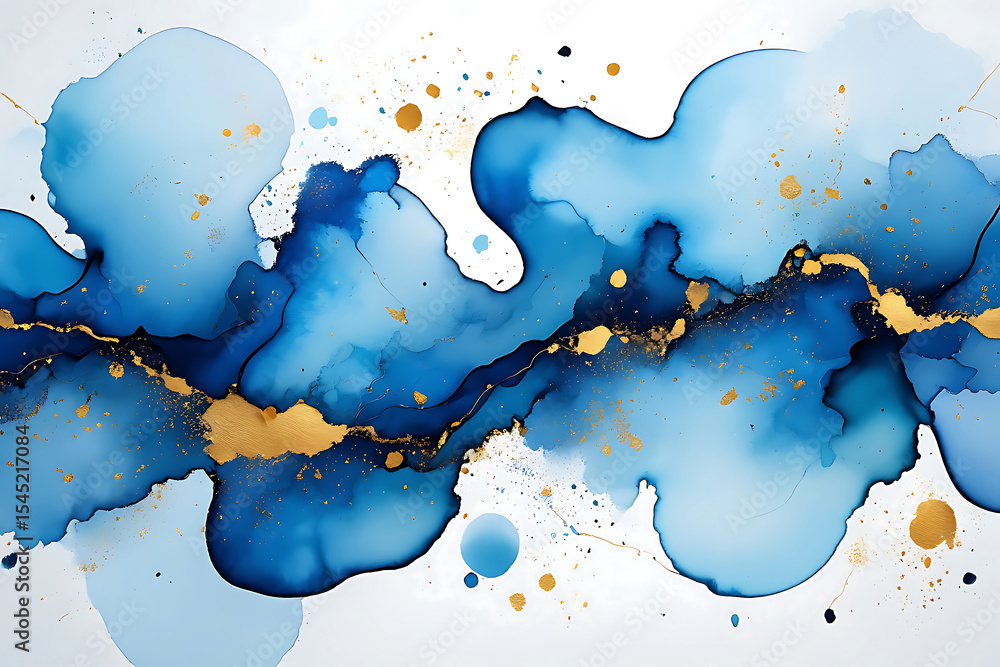 Obraz premium Abstract Blue and Gold Ink Wash Painting, Fluid Art, Swirling Design