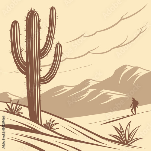 Illustration of a desert landscape with a large cactus, mountains, and a lone traveler under a cloudy sky