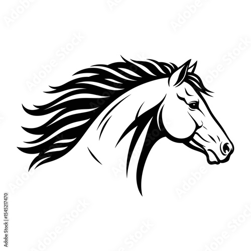 Isolated black and white vector graphic of a horse head with flowing mane on a white background