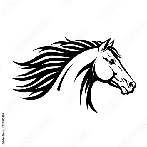Illustration of a horse head in black and white with a flowing mane on a white background image