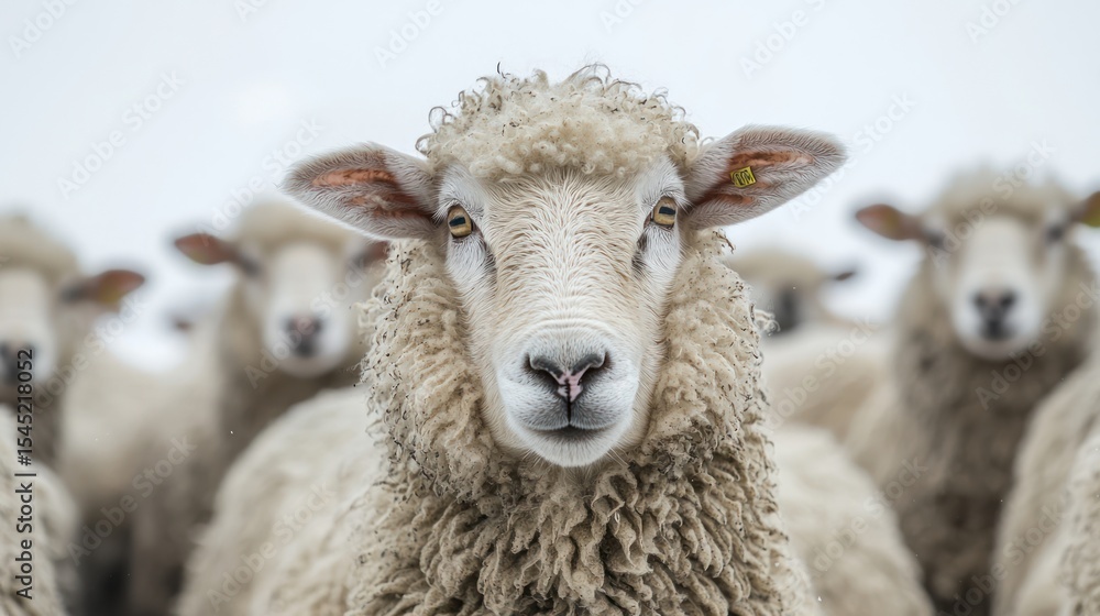 A herd of sheep with woolly coats, standing in a snowy field with a clear blue sky in the background. A herd of sheep with woolly coats, standing in a snowy field with a clear blue sky in the background.