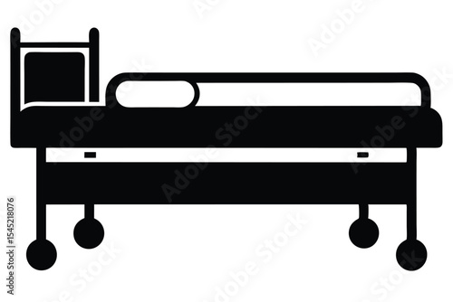 Black Silhouette of a Hospital Bed with Pillow and Wheels Graphic Design