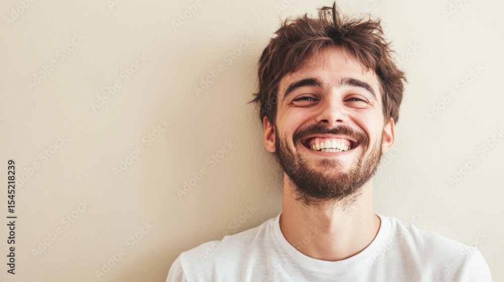 Obraz premium A young man with a beard, wearing a white t-shirt, standing against a plain beige wall with a neutral expression on his face.