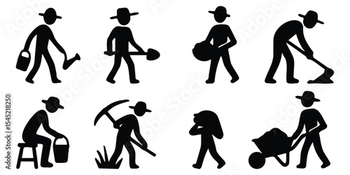 Farmer and agriculture worker stickman silhouettes engaged in planting, harvesting, watering, and other farming activities