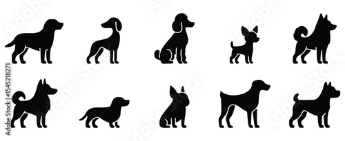 Different types ofc dog breed silhouette set showing playful, sitting, walking, and standing dogs in simple black animal icon style