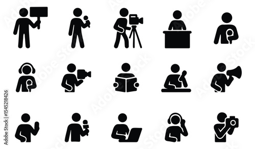 Stickman news and media concept icons showing reporters, camera crew, podcast hosts, live broadcasting, and journalism tools